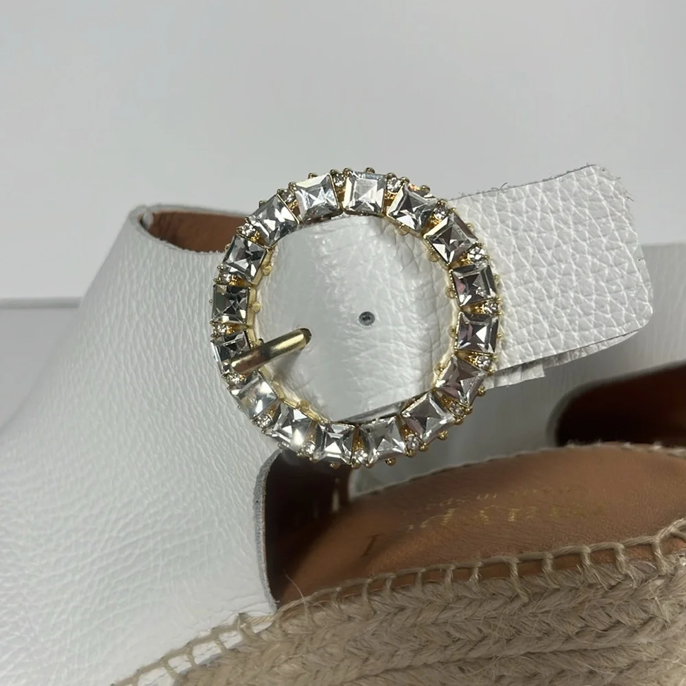 Maypol White Pebbled Leather Peep Toe Espadrille Wedge Rhinestone Buckle SZ 40 - Picture 3 of 10